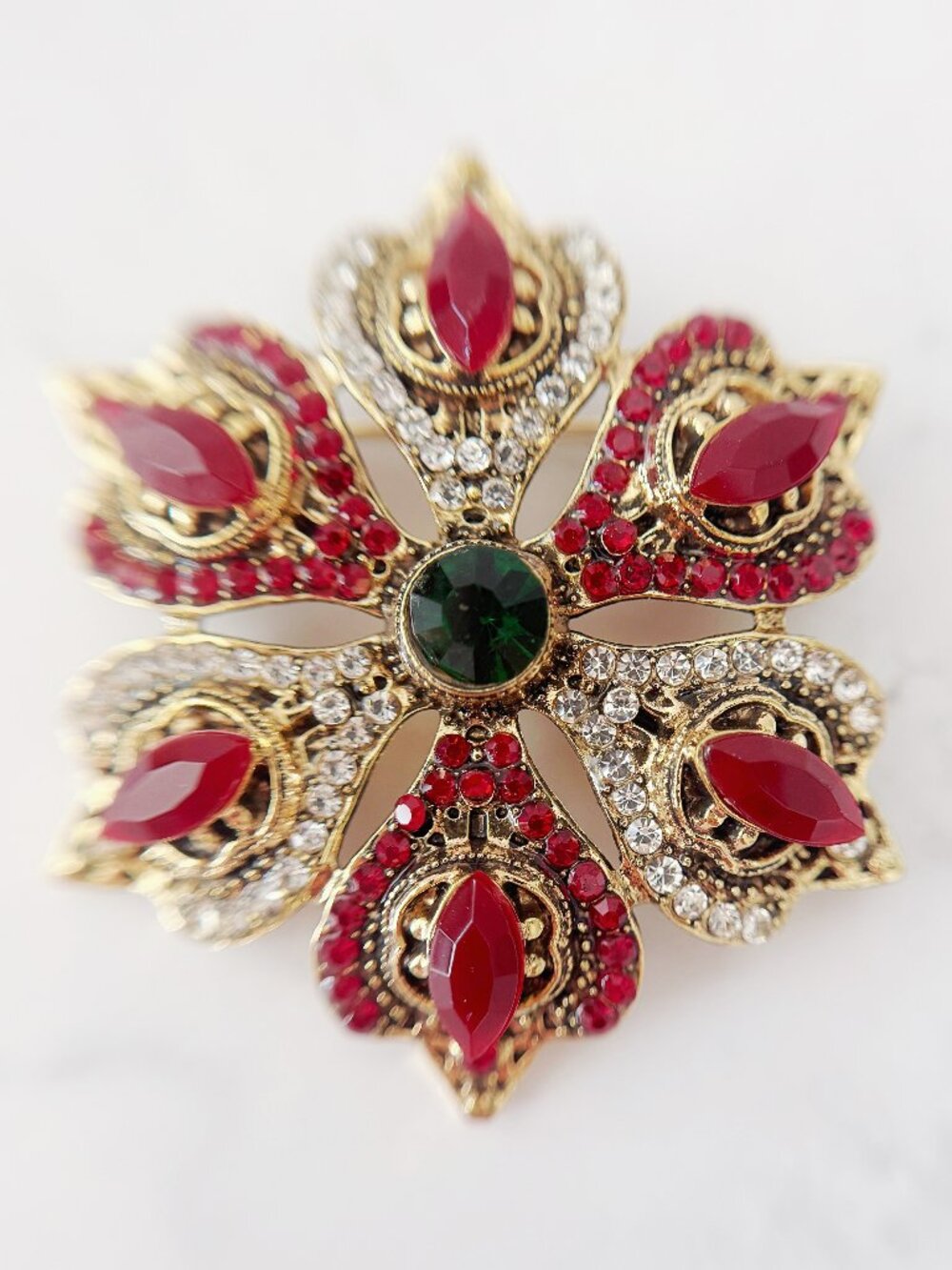 Vintage Ruby Red Crystal Brooch, Gold Tone Green Rhinestone Floral Pin